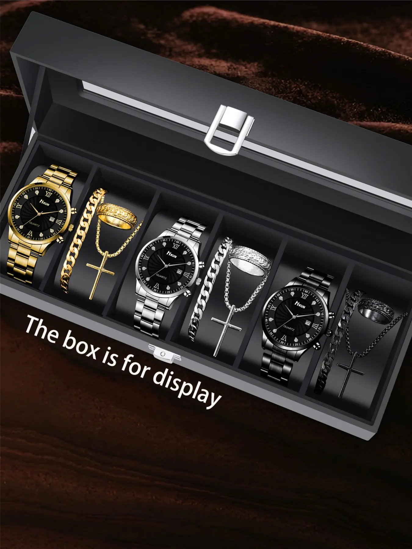 Stylish Men's Jewelry Watch Set with Three Fashionable Timepieces, Includes Unique Cross Chain, Cuban Link Bracelet and Ring, Perfect for All Seasons, Quartz Analog Watch