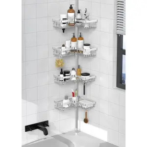 SUS304 Corner Shower Organizer, Stainless Tension Pole Corner, No Drilling Required Shower Shelf for Inside Showers, Silver