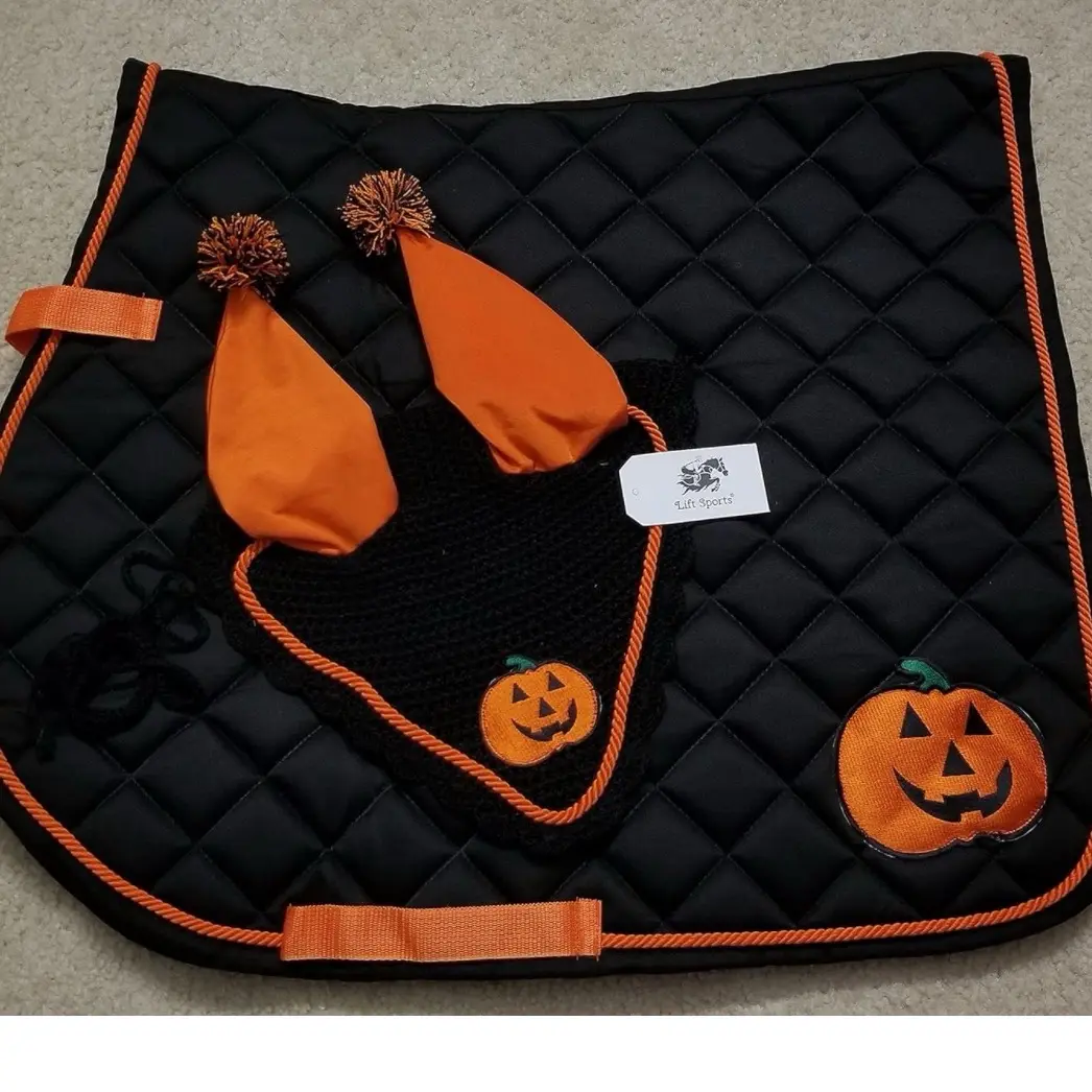 Halloween Pumpkin Horse English All purpose Saddle pad with matching Ear Bonnet Net Mask
