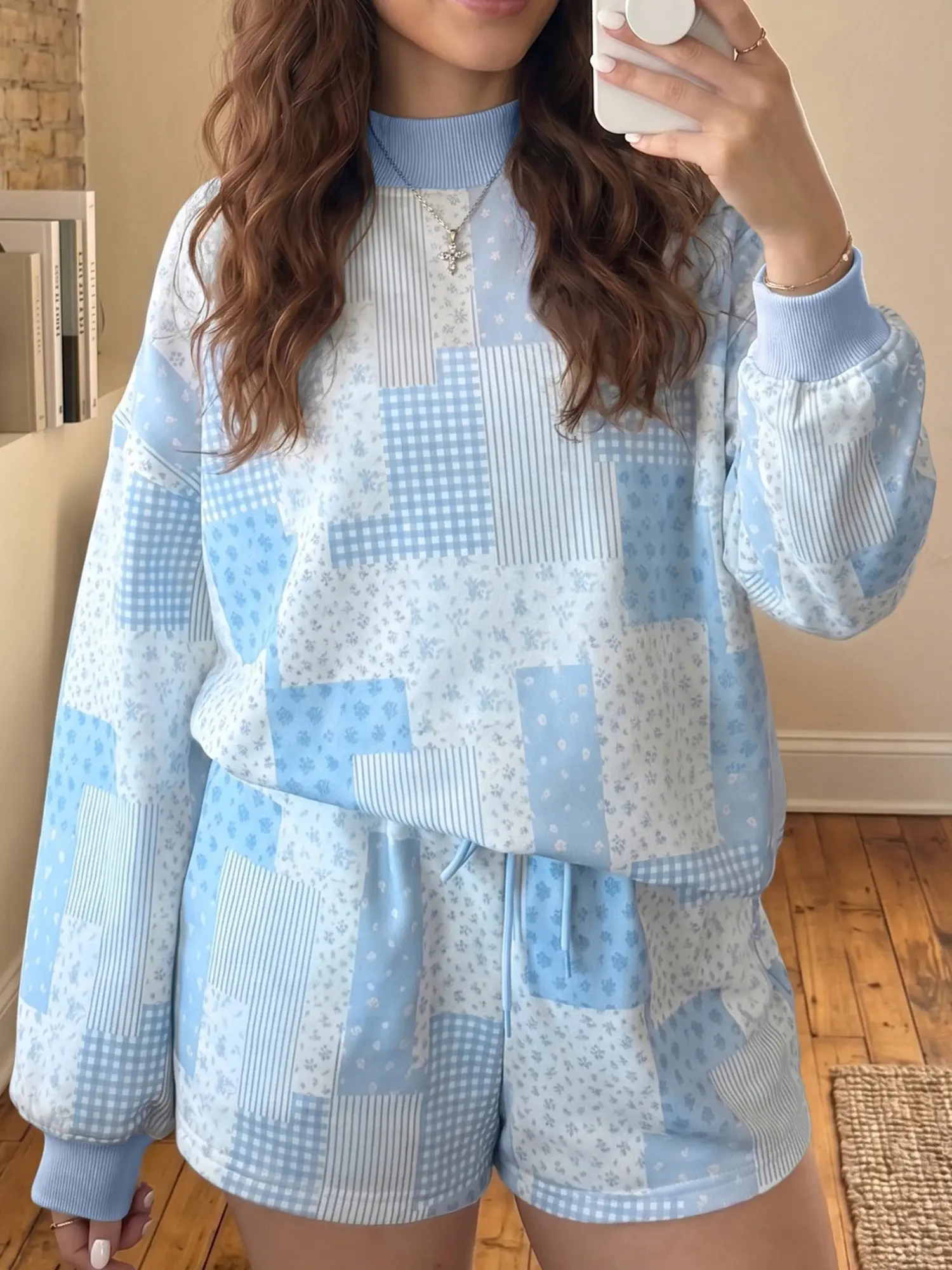Women’s Blue Patchwork Printed 2 Piece Lounge Set, Cozy Long Sleeve Sweatshirt & Shorts Outfit for Casual Home Wear, Weekend Trips, Coffee Runs & Everyday Relaxed Style