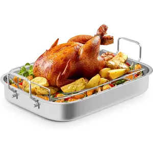 Sunvivi 15.6'' Non-Stick Roasting Pan with V-Shaped Rack, Rectangular Lasagna Pan with Handle for Turkey, Chicken, Vegetable, Lasagna