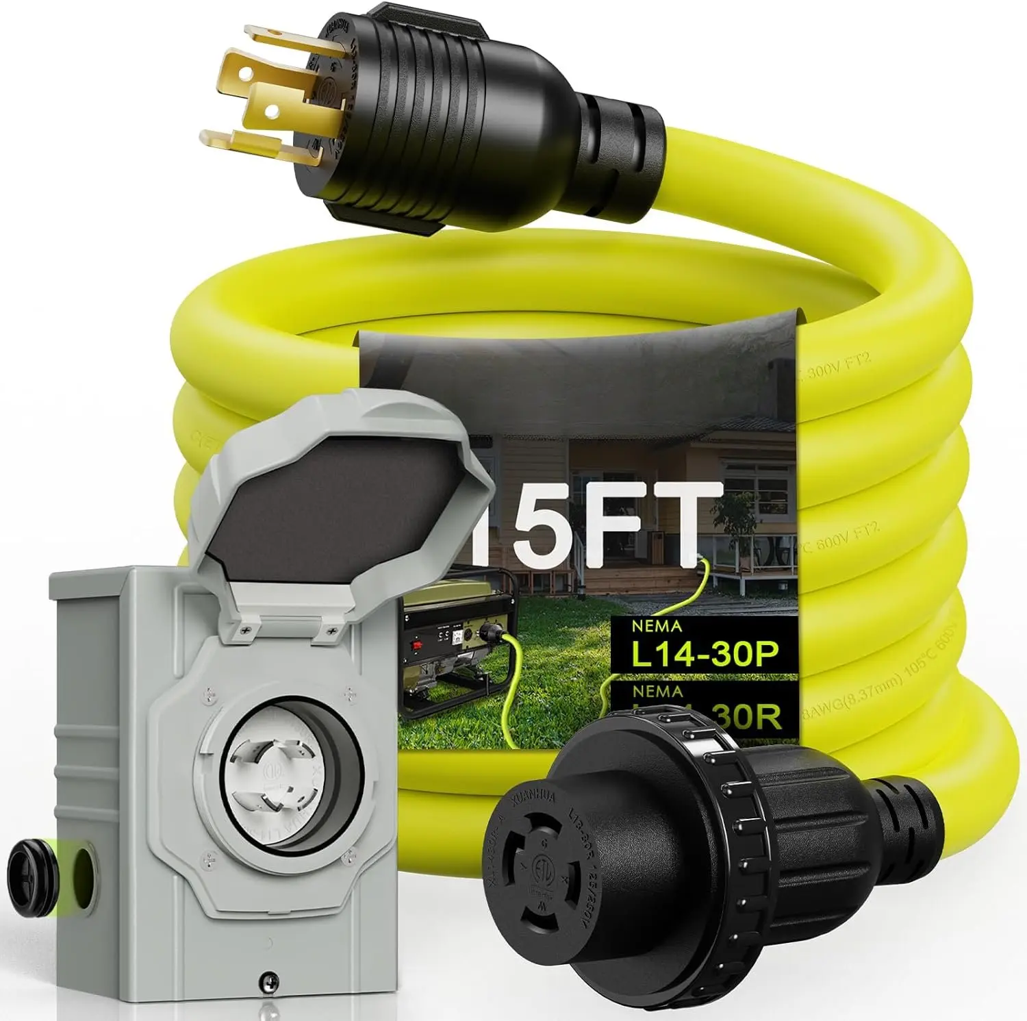 30 Amp Generator Cord 15FT and Power Inlet Box, NEMA L14-30P/L14-30R 125/250V Twist Lock Connector with Pre-Drilled NEMA L14-30P Generator Inlet Box for Generator to House, ETL Listed
