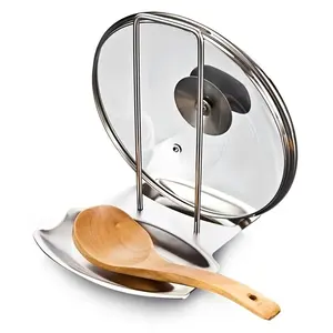 Stainless Steel Pot Lid Holder with Drain Tray, No Drill Kitchen Pot Lid Organizer, Detachable Spoon and Spatula Rack, Pot Cover Draining Storage Stand for Kitchen Wall and Countertop Organization, Multifunctional Kitchen Organizers