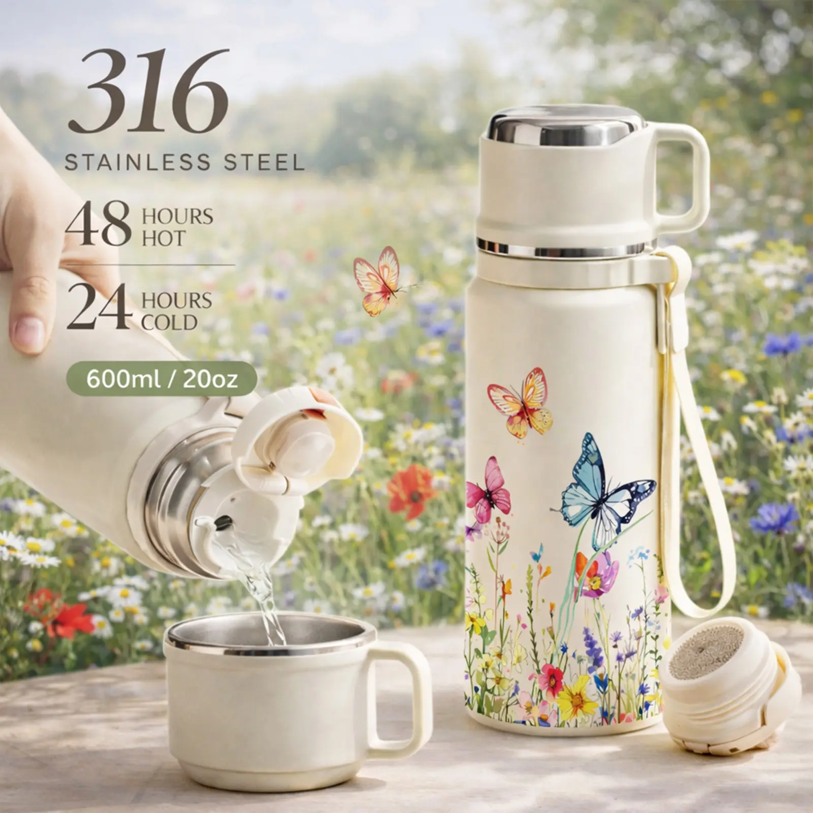 1 Pc vacuum mug, Insulated Vacuum Flask, 20oz insulated mug, Durable Insulated, double wall stainless steel thermal cup, leak proof lid with handle strap, keeps hot 12 hours cold 24 hours, portable travel mug, Insulated Drink Tumbler, Mothers Day gift