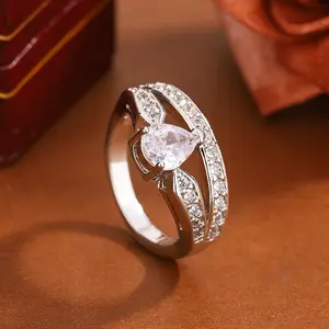 Women's Multi-Size Elegant Silver Pear-Cut Artificial Crystal Ring - Split Shank Promise Ring, Sparkling Look Fashion Jewelry for Wedding Anniversary, Birthday Gift