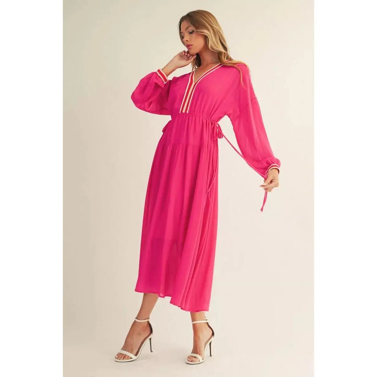 JODIFL Fuchsia Breeze Long Sleeve Midi Dress