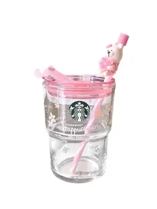 Starbucks Overseas Pink Transparent Glass Accompanying Cup Cherry Blossom Bear Stopper