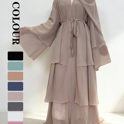 Spring Summer High-Quality Chiffon 3-Layer Eid Abaya with Belt, Modest Muslim Outfits, Casual Party Dress, Comfortable Breathable Fabric, Perfect for Weddings, Arab Wedding Attire, Modest Islamic Clothing