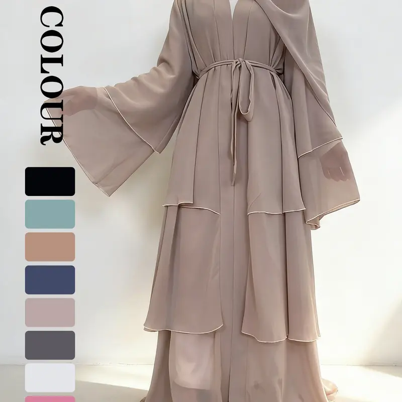 Spring Summer High-Quality Chiffon 3-Layer Eid Abaya with Belt, Modest Muslim Outfits, Casual Party Dress, Comfortable Breathable Fabric, Perfect for Weddings, Arab Wedding Attire, Modest Islamic Clothing