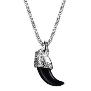 OIDEA Men's Stainless Steel Wolf Tooth Necklace, Tribal Fish Skull Wolf Fang Pendant with 22-Inch Wheat Chain, Gothic, Alternative Style, Animal Shape Viking Punk Gift, Gothic Necklaces, Alternative Style Necklaces