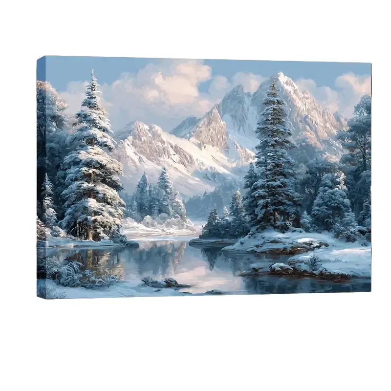 Snowy Landscape Canvas Decorative Painting with Wooden Frame and Edging, Mountain, Trees, Lake, Winter Scenery Wall Art, Interior Wall Decoration for Rooms