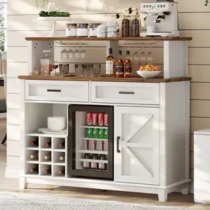 VanAcc Farmhouse Coffee Bar Cabinet with Beverage Refrigerator Cooler, 47" Wine Bar Cabinet w Mini Fridge, Kitchen Hutch Buffet Table