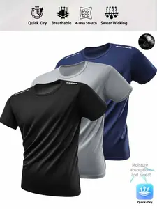 Men's Sports T-Shirt Set, Polyester Fabric, Four-Way Stretch Round Neck, Casual Fitness Wear Quick Dry Activewear Gym Workout Shirt for Outdoor Gym Hiking Basketball