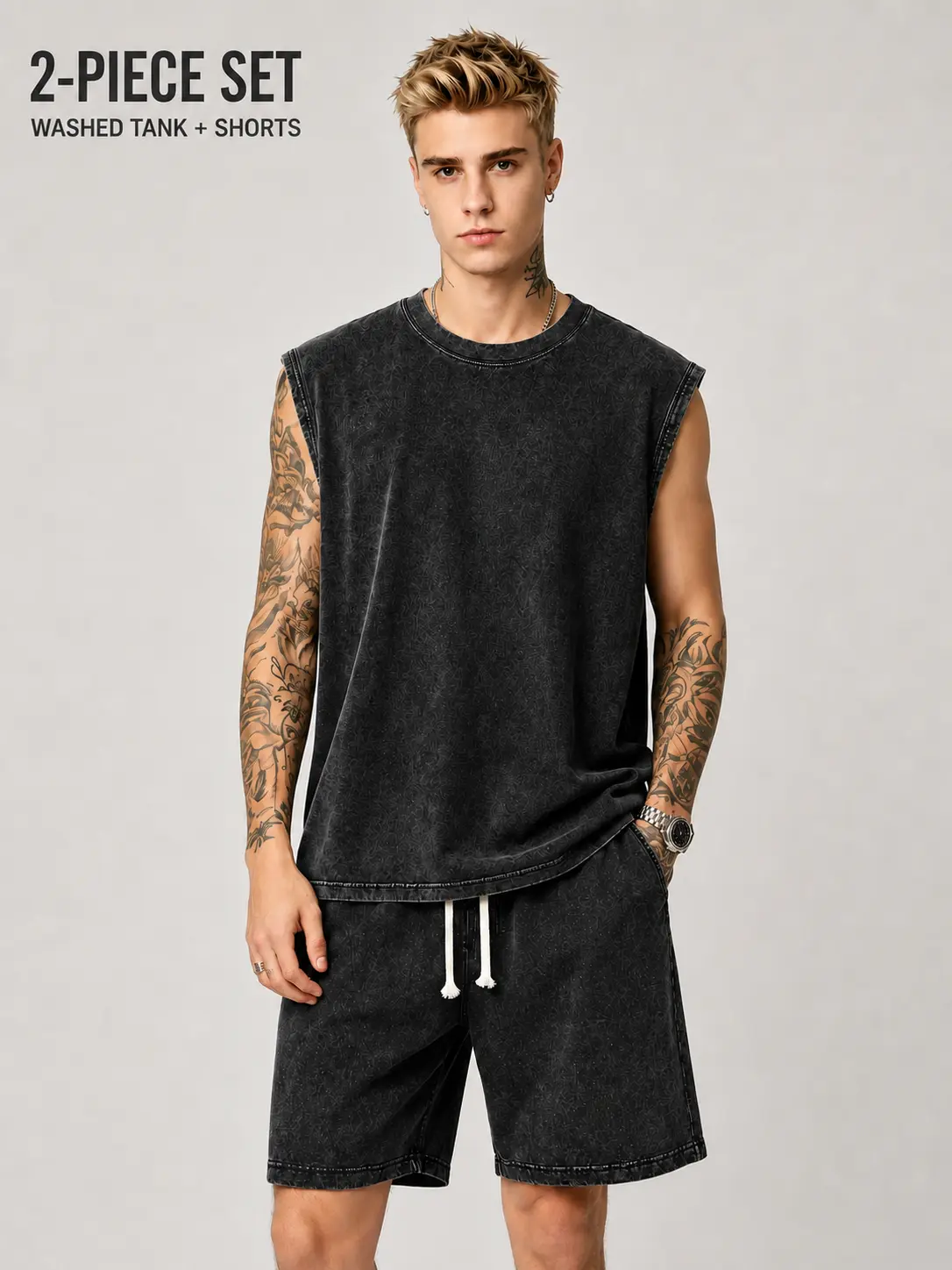 Men's 2-Piece Fitted Cotton Knitting Set - Chic Backless Sleeveless Tank Top, Above-the-Knee Drawstring Elastic Waistband Shorts, Vintage Washed, Modest Basic, Athletic Casual for Summer Lounging, Cold/Machine Wash Compatible, Cold Wash