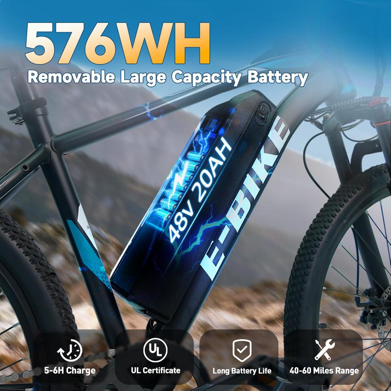 26 Inch Electric Bike, Peak 1500W Motor E-Bike, 28MPH Top Speed, 50-mile range Commuter-style Electric Bicycle, 576Wh battery, 7-speed shifting Front suspension Electric Mountain Bike