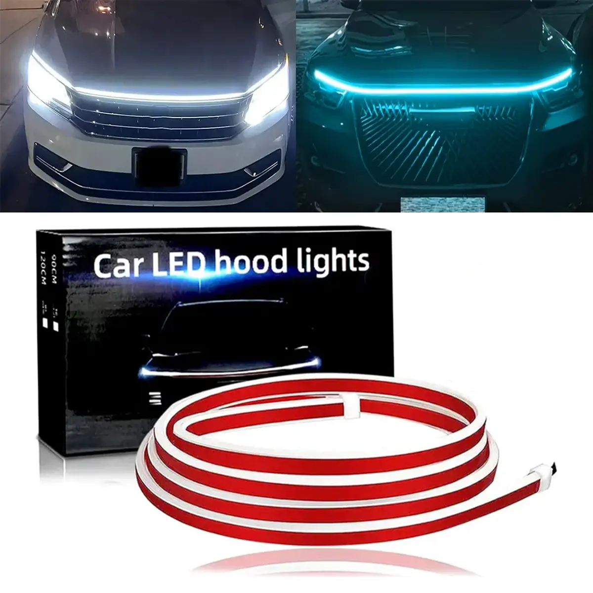 Dynamic Ice Blue Car Hood LED Strip - Sequential Startup DRL Waterproof Exterior Ambient Light for Trucks, SUV, Cars