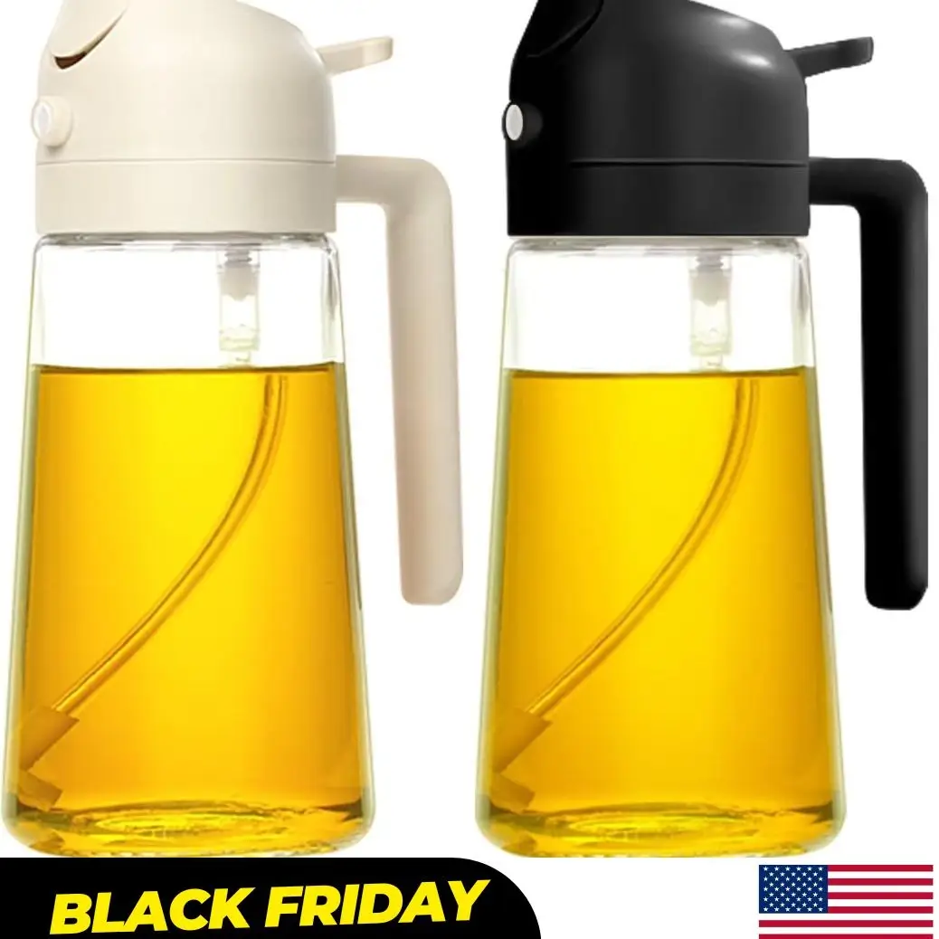 2 Pcs - 2 in 1 Oil Dispenser Bottle 470ml for Kitchen - Sprayer & Handle, Modern Style - Black & White, oil glass Utensils kitchen Bbq 2-Pack Dual-Oil
