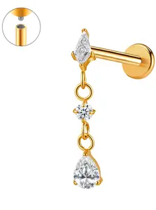 G23 F136 Titanium Cz Drop Earrings, 16g Dangle Chain, Kite Shape, Internally Threaded, Flat Back Stud, Cartilage Helix Tragus Piercing Jewelry