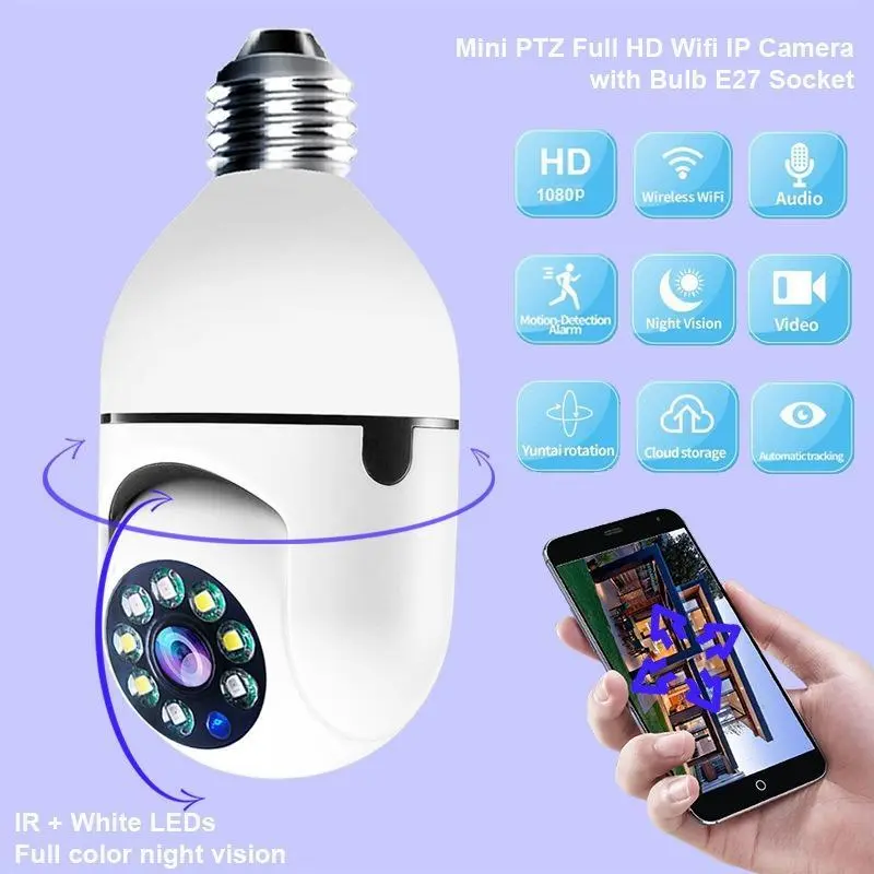 WESECUU SK-ZA01-Q Mini PTZ Full HD 1080p WiFi IP Camera with E27 Light Bulb Socket for Home Security Monitoring Audio Two-Way Communication Motion Detection Night Vision