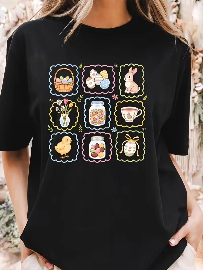 Cute Easter Grid Bunny Egg Chick Floral Graphic T Shirt Spring Holiday Womens Casual Tee