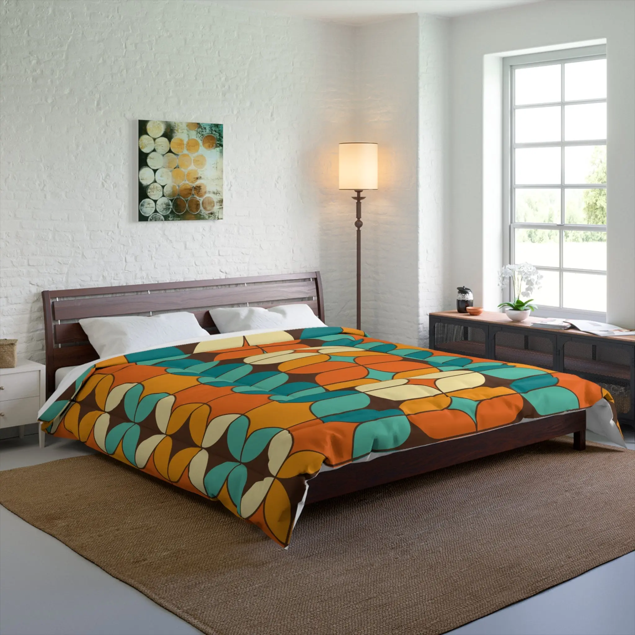 Mid Century Modern Bold And Beautiful Retro Orange, Chocolate Brown, Cream Teal Blue King Size Comforter