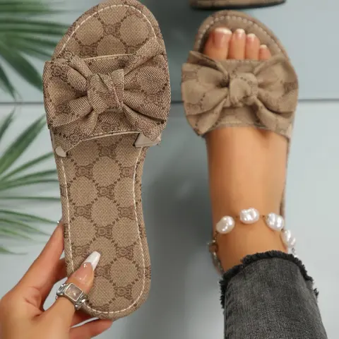 Women's Summer 2026 New Flat Bow Floral Print Fashionable Comfy Sandals, Elegant Comfortable Casual Beach Slippers, Daily Wear Luxury Floral Pattern Slip-On Shoes