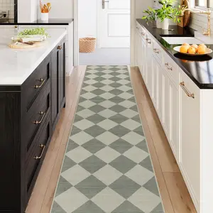 Checkered Print Runners for Hallways Non Slip 2.5x12, Green Ultra Thin Washable Runner Rug Neutral Long Rugs for Hallway, Moroccan Plaid Floor Carpet for Kitchen 12ft (Green/Gray)