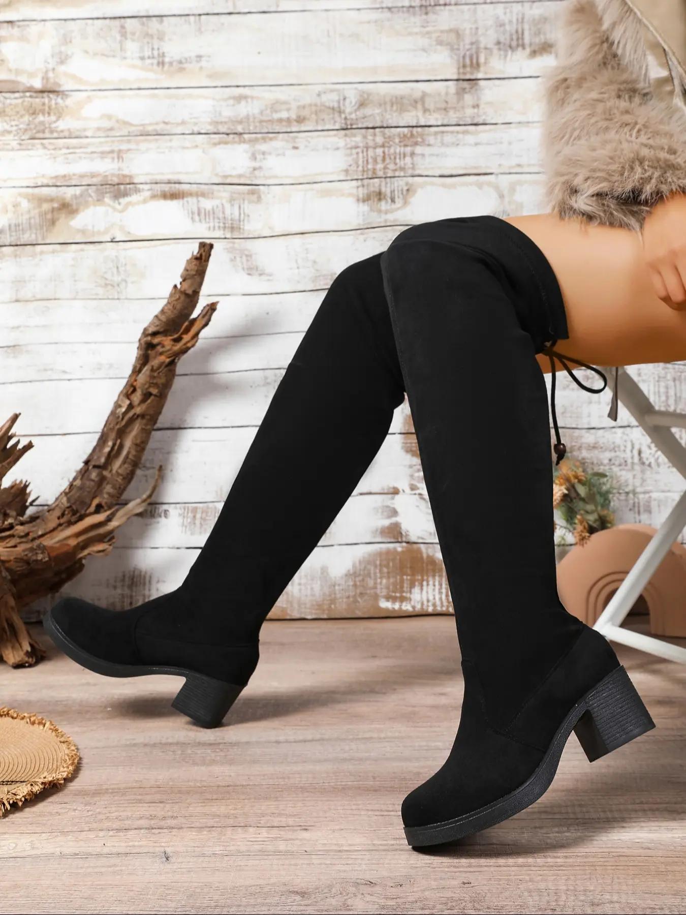 2025 New Plus Size Over-the-Knee Boots for Women – Black Suede Chunky Heel Tall Boots with wide calf boots Elegant & Comfy Heeled All Seasons Shoes Winter Warm Boots – Perfect for Dates, Work, Parties & Everyday Outings Gift for Halloween, Christmas