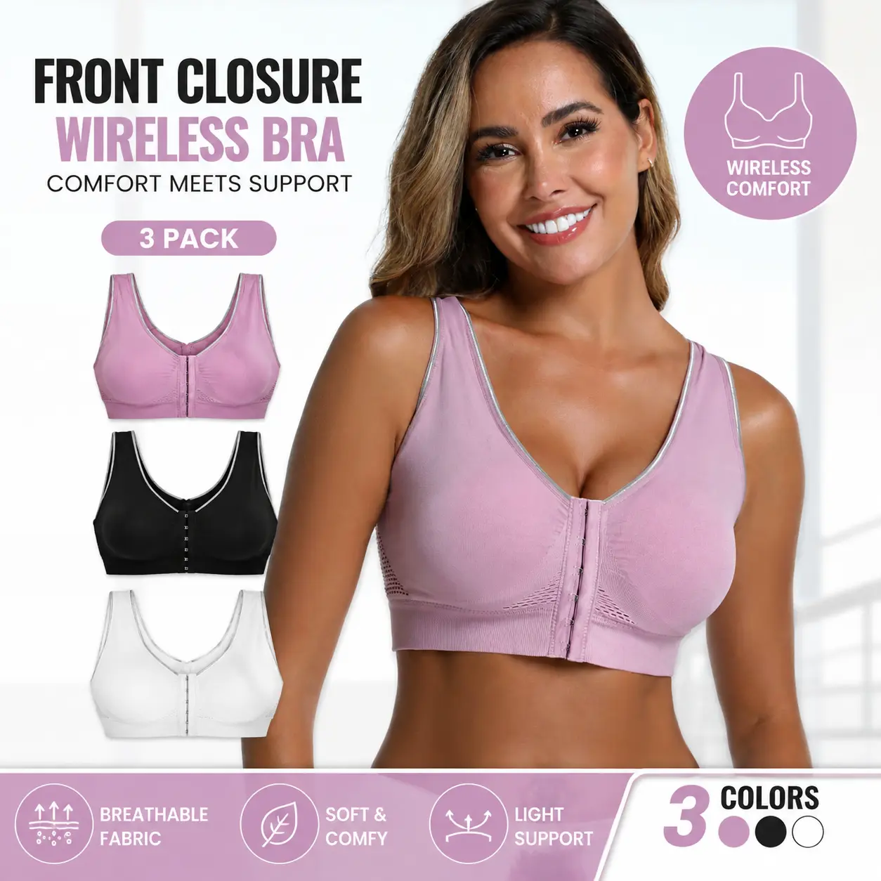 3 Pack Front Closure Wireless Bra for Women, Seamless Comfort Support Bra, Soft Everyday Bralette with Wide Straps, No Underwire Nursing Style Comfort Bra