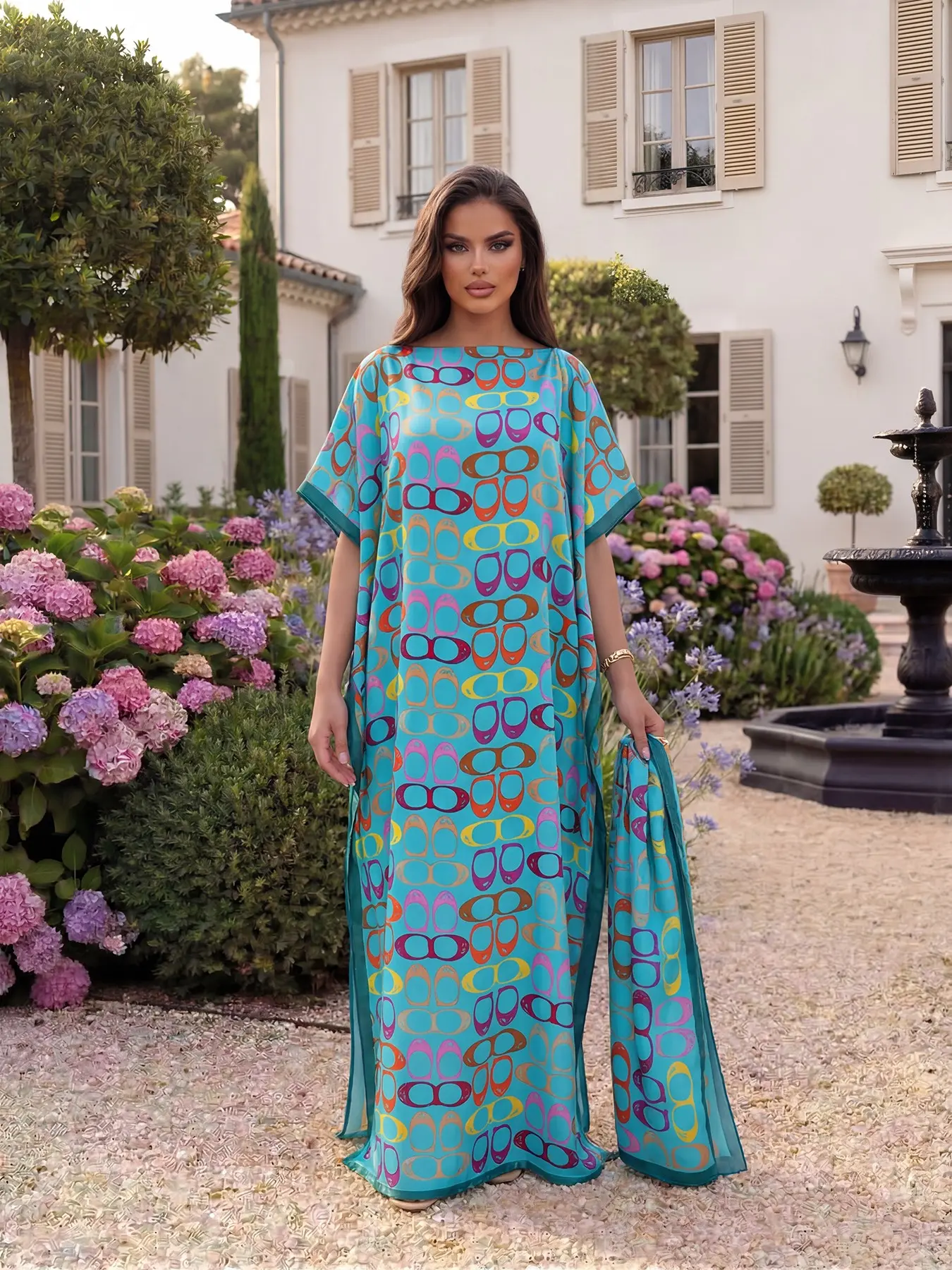 Elegant Geometric Print Robe Set, Hooded Shawl Dress + Headscarf Scarf, Women's Beach Sun Protection Satin Silk Wrap, Casual All Seasons