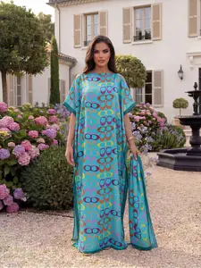 Elegant Geometric Print Robe Set, Hooded Shawl Dress + Headscarf Scarf, Women's Beach Sun Protection Satin Silk Wrap, Casual All Seasons