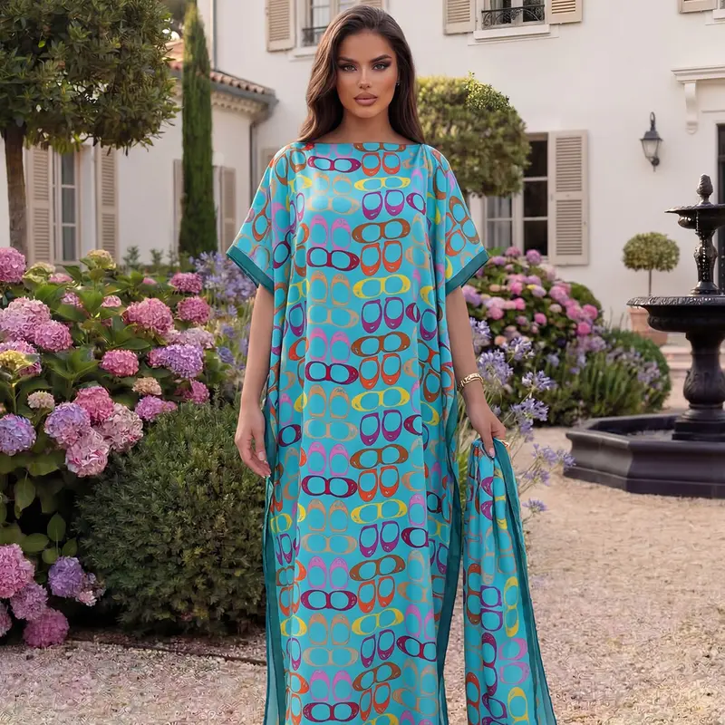 Elegant Geometric Print Robe Set, Hooded Shawl Dress + Headscarf Scarf, Women's Beach Sun Protection Wrap, Casual All Seasons, Casual Everyday Wear