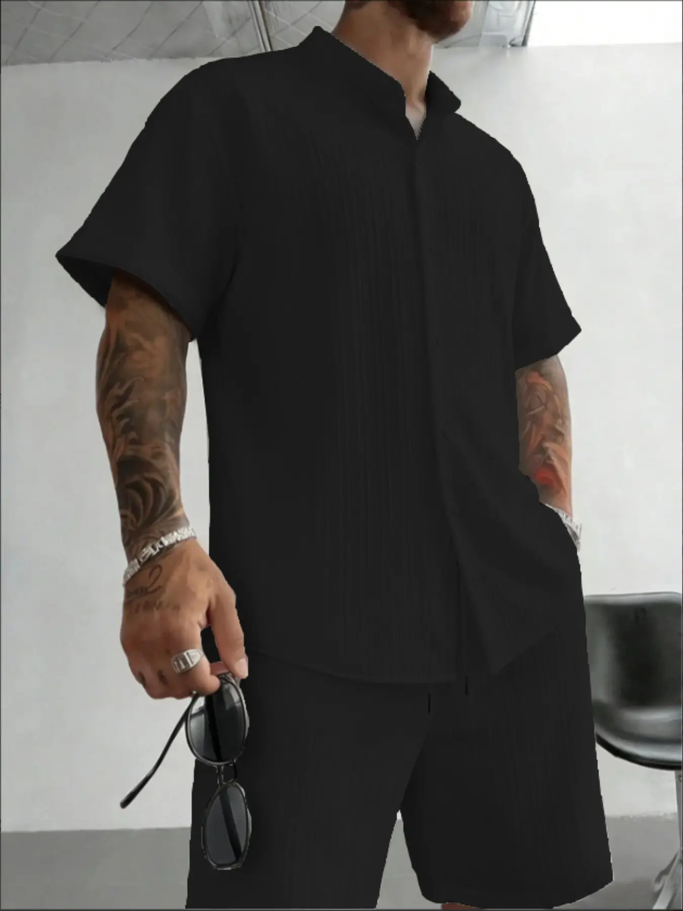 Men's Summer Essential Set, Cotton Fabric Breathable Stand Collar Shirt + Shorts, Comfortable Non-Sticky, Ideal for Hot Weather