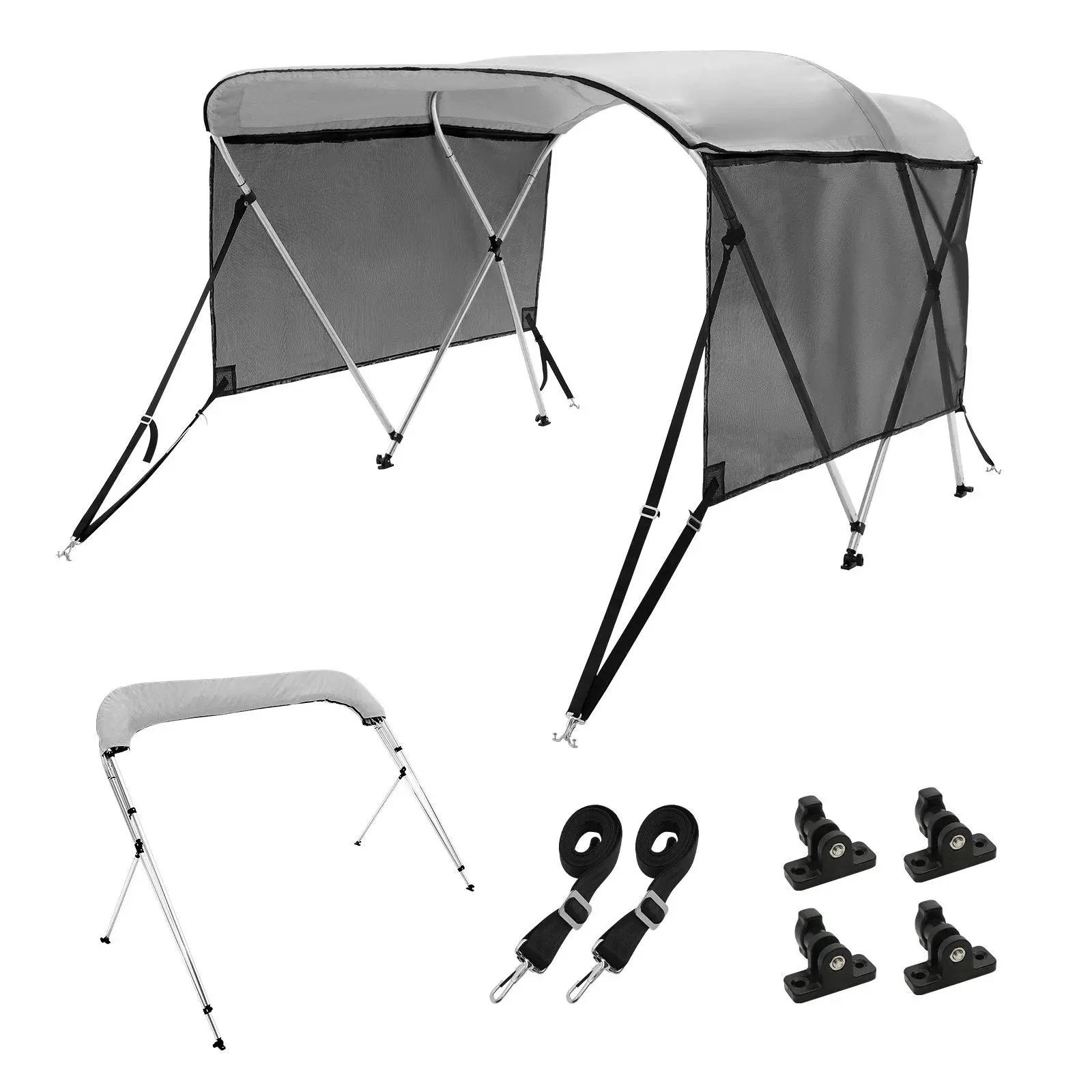 【SummerFinds】VEVOR 3 Bow Bimini Top Boat Cover,  Detachable Mesh Sidewalls, 600D Polyester Canopy with 1" Aluminum Alloy Frame, Includes Storage Boot, 2 Support Poles, 2 Straps, 6'L x 46"H x 67"-72"W, Light Grey