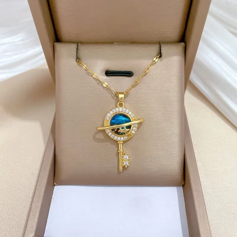 Starry Sky Necklace for Women, Romantic Copper Key Pendant with Glass Stone, Fashion Party Jewellery, Anniversary Gift, Geometric, Unisex, Engagement, One-Piece