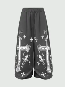 Women's Y2K Street Style Loose Straight Leg Sports Pants, Cross Print, Casual Comfortable Jogging Pants, All Season Fashion