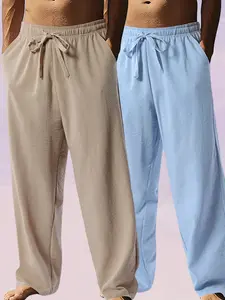 Men's 2-Pack Lightweight Summer High-Waist Plain Straight Pants, Drawstring Elastic Waist, Loose Drapey Fabric, Loose Fit Casual Slimming Loungewear Long Trousers Beige