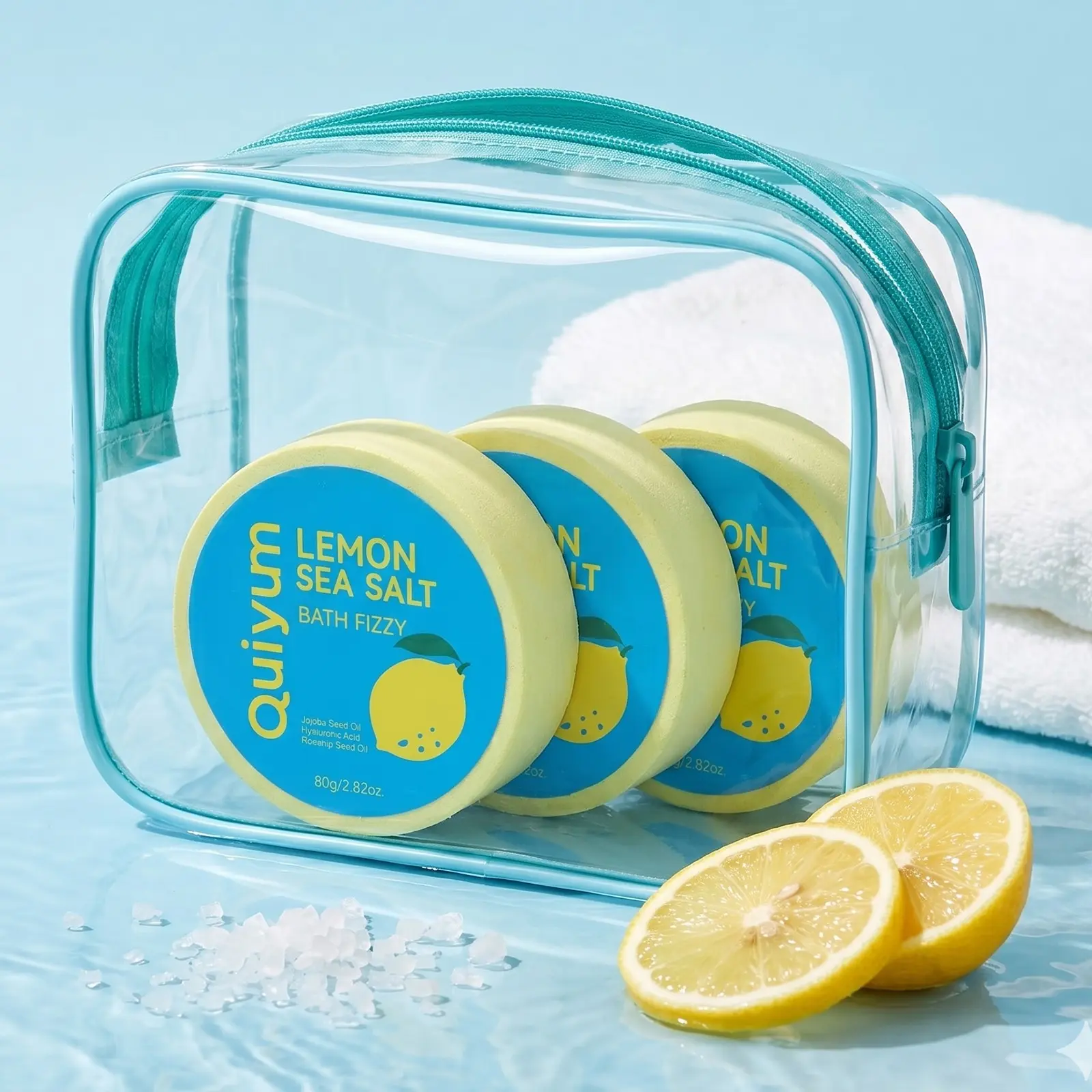 Lemon Sea Salt Bath Salt Ball 80g/3Pcs, Gentle Cleansing Jojoba Oil Bath Fizzer, Deep Nourishing Moisture Luxury Spa for Smooth & Soft Skin Feel