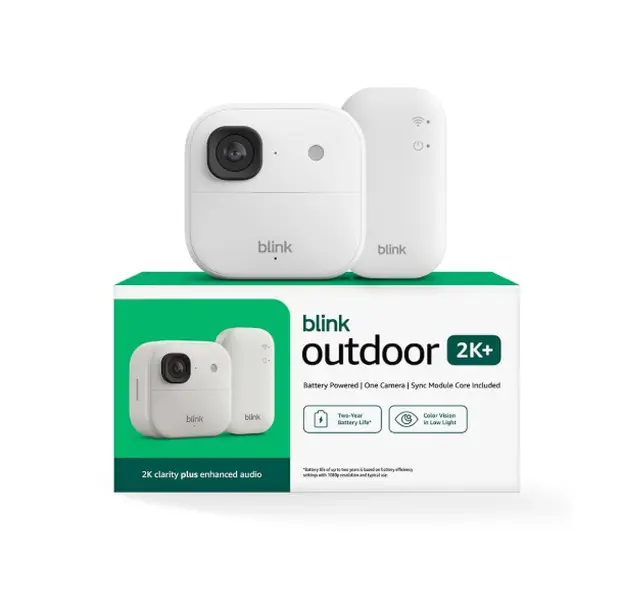 Blink Outdoor 2K+ (newest model) — Wireless smart security camera, 2K video resolution, enhanced audio, two-year battery. Sync Module Core included — 1 camera system (White)