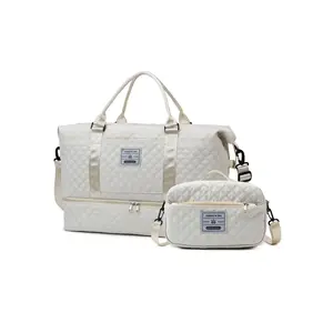 Quilted Pattern Travel Bag Set, Large Capacity Duffel Bag & Cosmetic Bag, Dry & Wet Separation Sports Bag, Yoga Gym Bag, Travel Bag for Women & Men