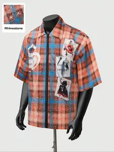 Men's Gothic Face Print Shirt with Rhinestone Embroidery, Casual Fitted Woven Fabric, Multicolor Plaid Zipper Design for Spring Summer