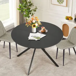 Mid-Century Modern Black Round Dining Table, 4-Seater Circle Kitchen Table with Sturdy Metal Legs for Living Room, Office & Apartment