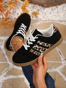 Women's Leopard Print Casual Sneakers, Classic Color Block Design, Comfortable Lace-Up Shoes, Stylish Daily Wear, Eye-Catching Fashion
