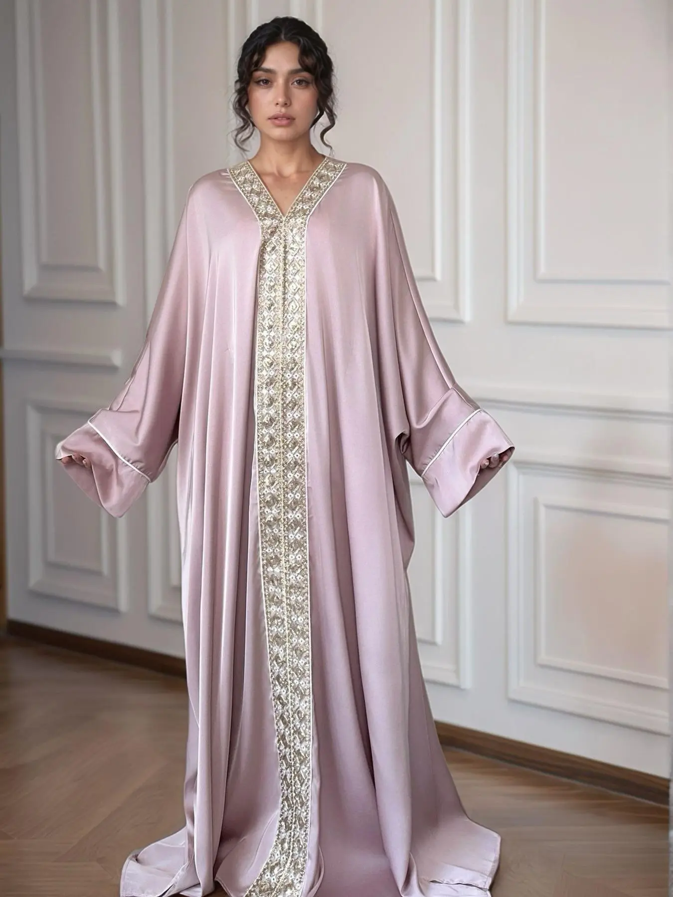 Embroidered Lace Trim Loose Fit Abaya Kimono Style Satin Modest Muslim Dress Loose Abayas