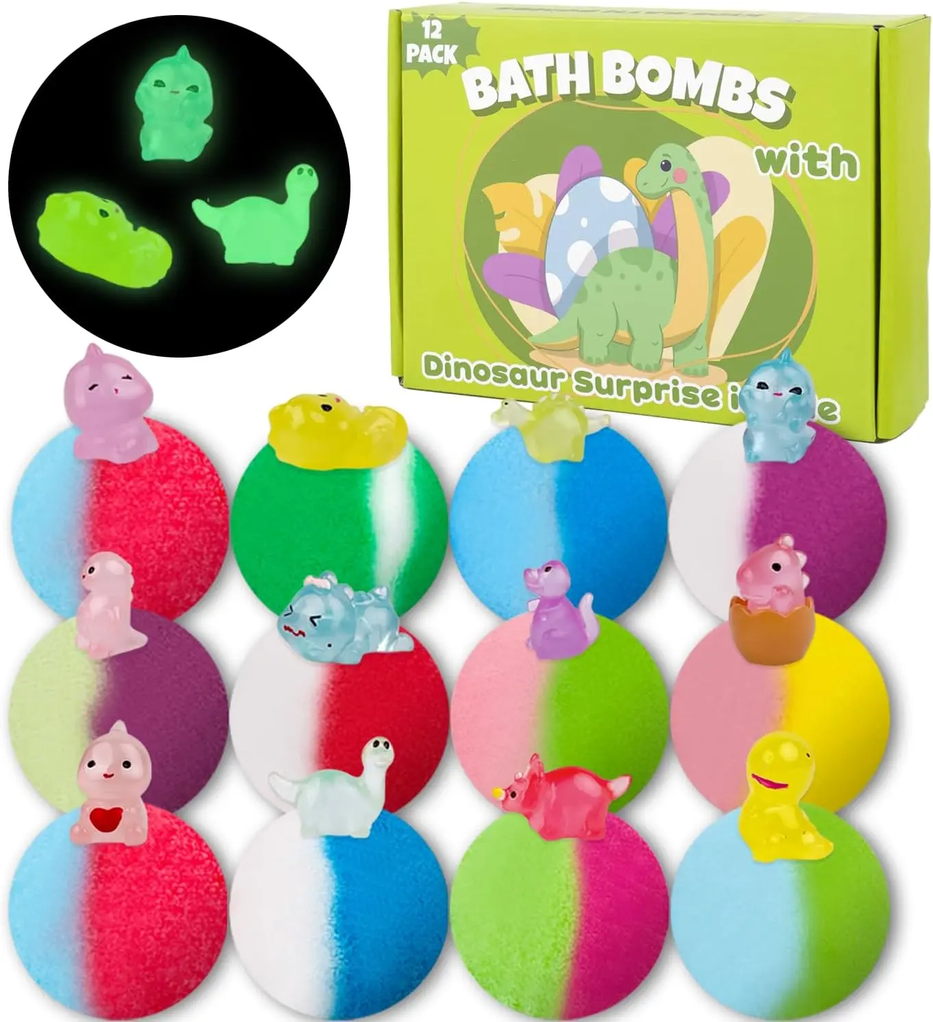 Bath Bombs for Kids, 12 Pcs Bath Bombs with Glow in The Dark Dinosura Surprise Inside, Handmade Organic Bubble Bath Ball Gift Set for Boys and Girls