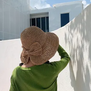 Foldable Wide Brim Floppy Straw Beach Sun Hat,Summer Cap with Bowknot for Women Girls,Strap Adjustable