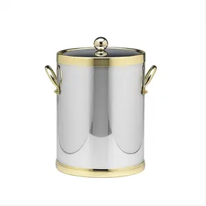 212 MAIN 5-Qt Chrome Shine Ice Bucket, Shiny Chrome and Brass Kitchen & Bar Containers, Metal Side-Handled Ice Storage for Bar Utensils Accessory