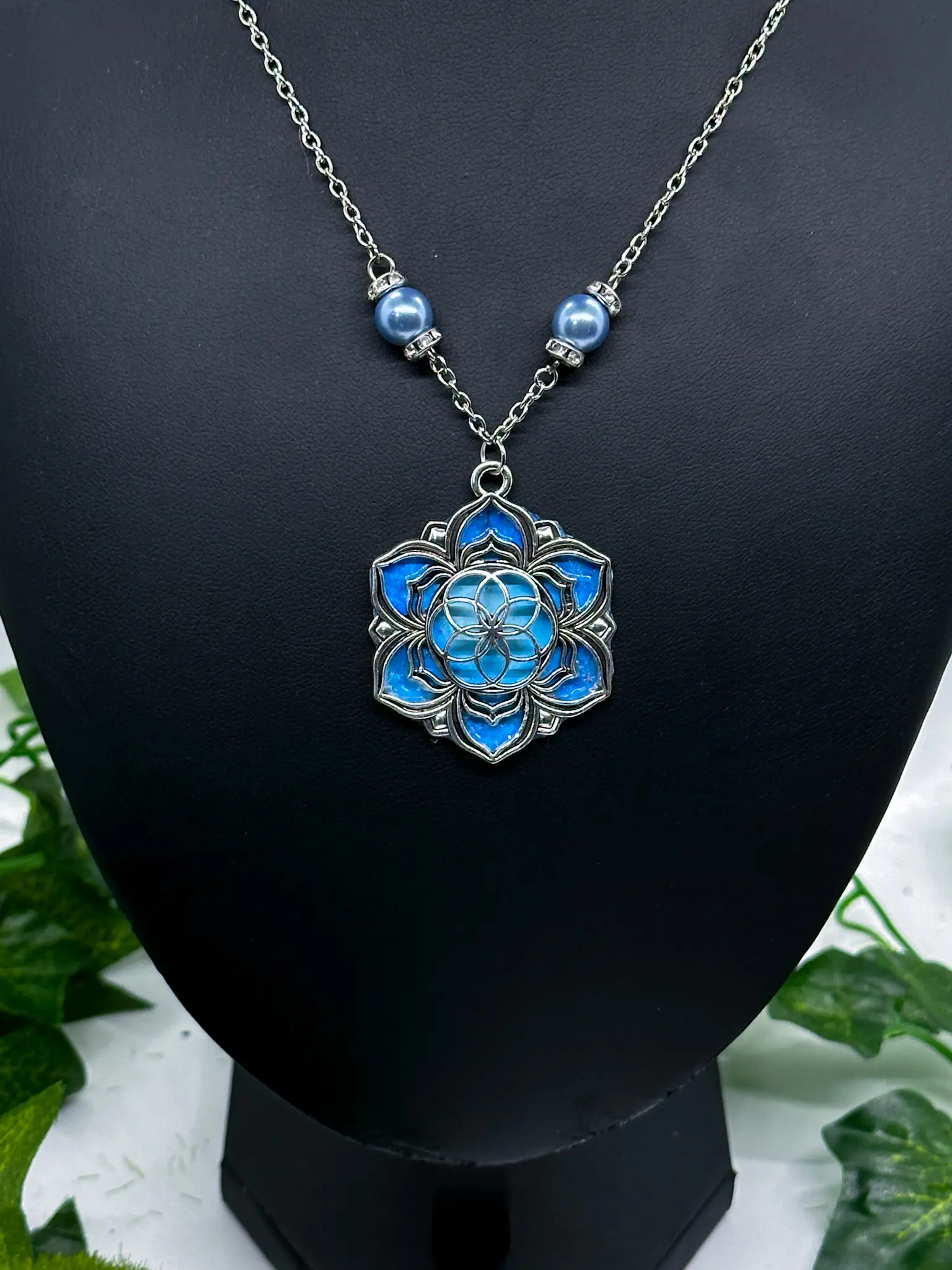 Handmade Hand-Painted Blue Lotus Mandala Necklace