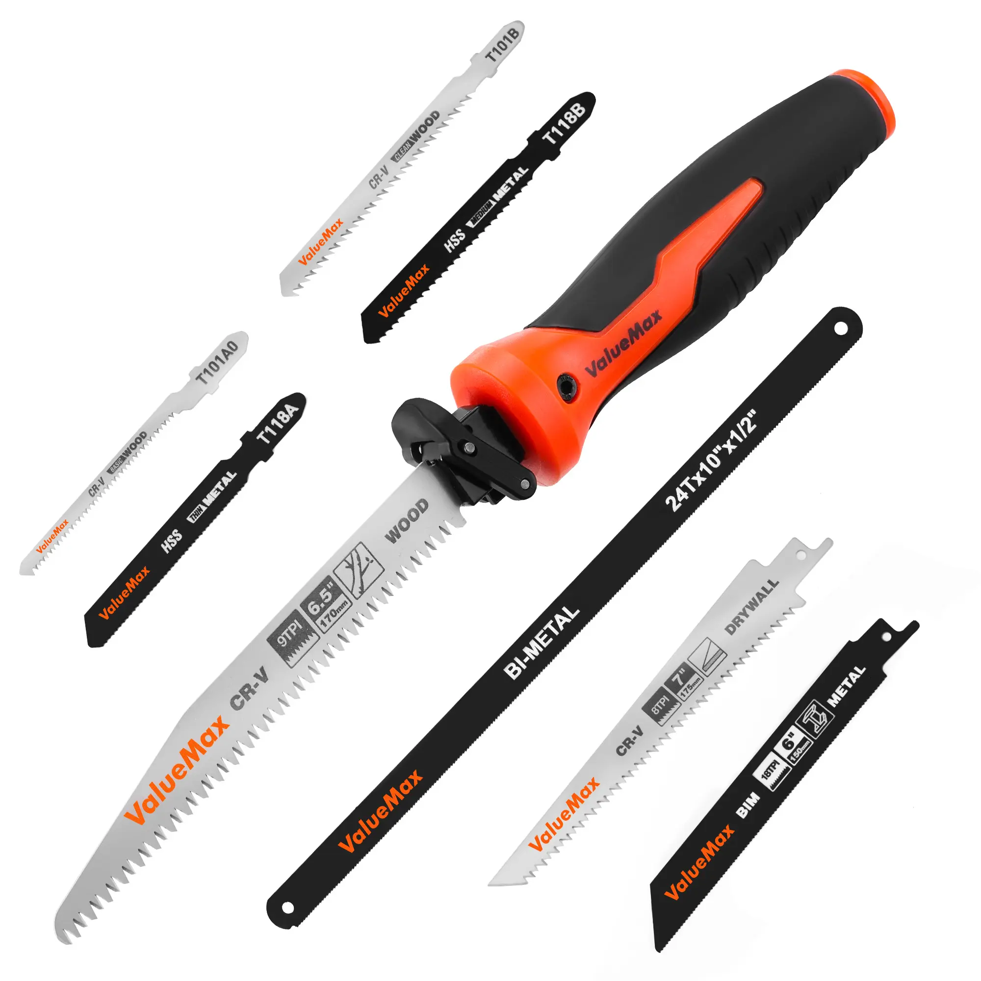 #backtoschool Valuemax 8-In-1 Multi-Blades Hand Saw, Quick-Change Mechanism Hacksaws with TPR Handle, Drywall/Jab/Pumpkin Carving Saw, CRV & Bimetal Blades, Handsaws for Wood, Metal, Plastic and Plywood