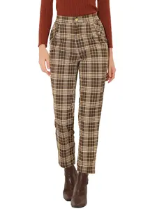 INSPIRE CHIC Women's Vintage Tartan Plaid Pants Elastic Waist Straight Long Trousers Brown Beige